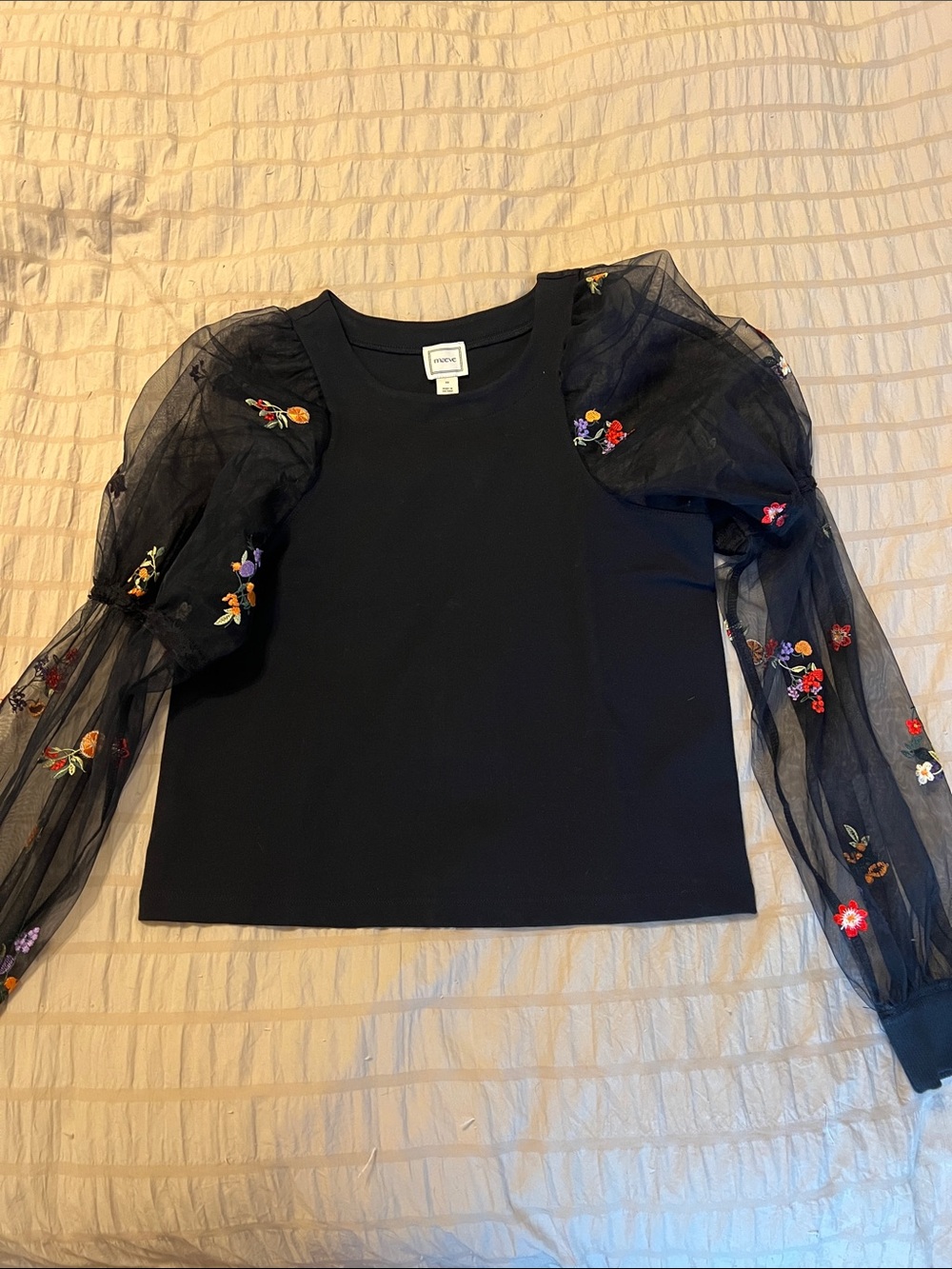 Anthropologie Black Puff-Sleeve Mesh Top with Floral Embroidery